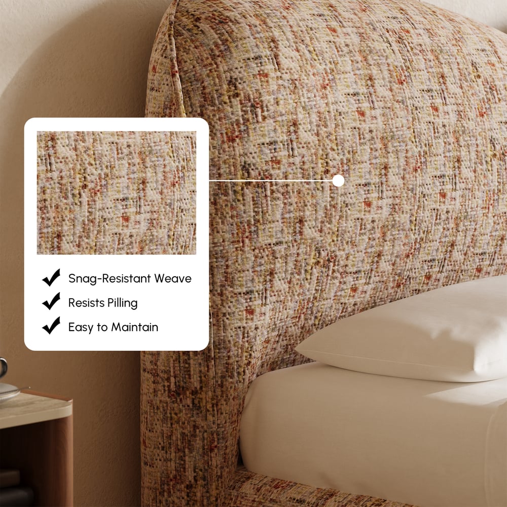 Modern Queen Size Chenille Upholstered Bed with Butterfly Shaped Headboard window image