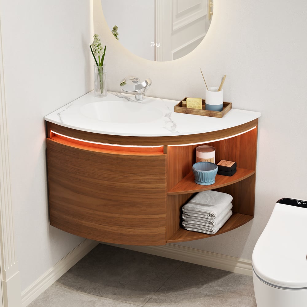 Meuble-lavabo de salle de bain d'angle de 91cm avec rangement et capteur de lumière à DEL image de fenêtre