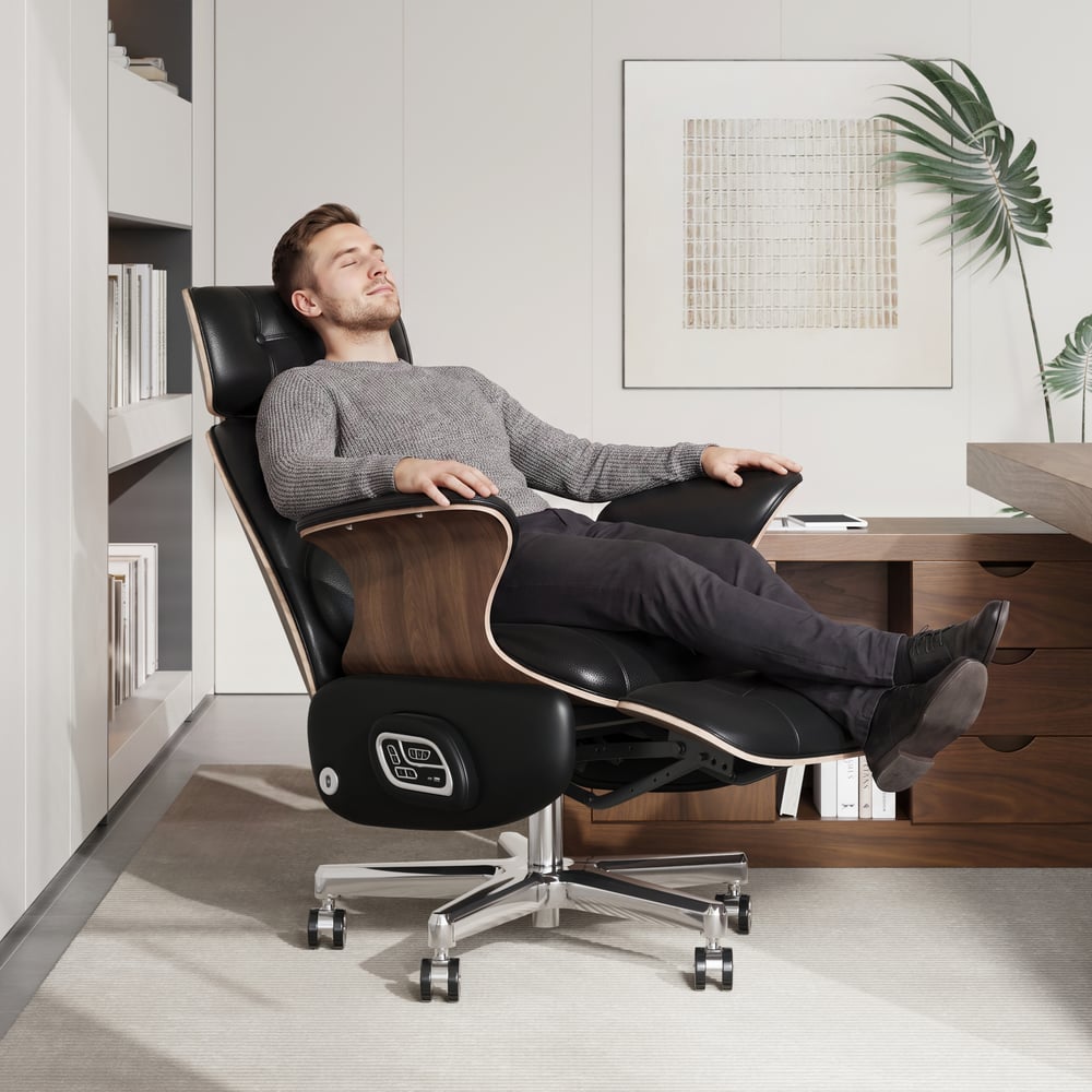 Black Genuine Leather Power Reclining Executive Office Chair Swivel Office Desk Chair window image