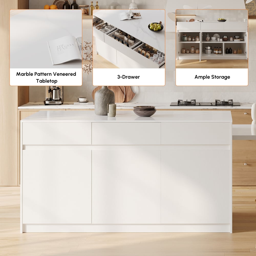 Îlot de cuisine moderne de 81" à 118" en pierre frittée avec tiroirs et portes, blanc image de fenêtre