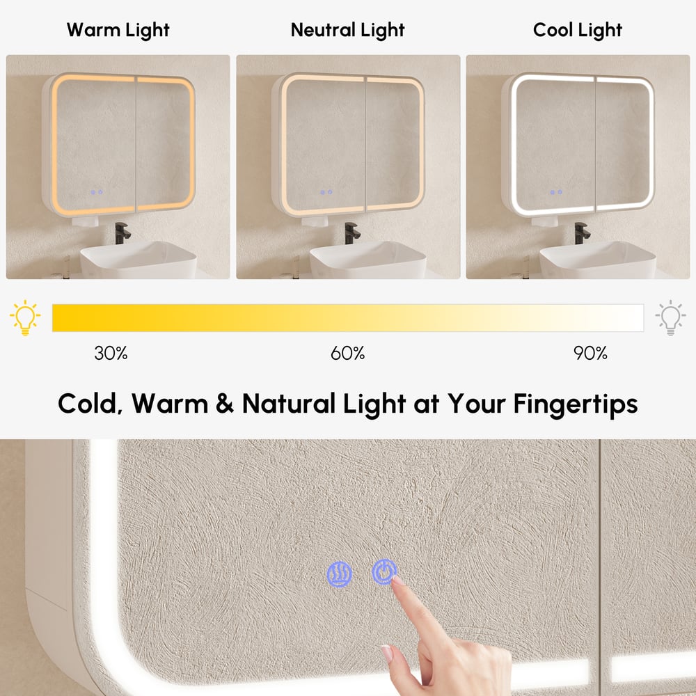 31" LED Bathroom Mirror Cabinet with Defogger, 3-Color Light, Tissue Slot window image