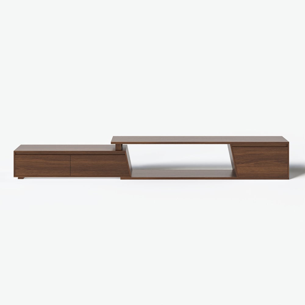 Ensemble meuble TV Fero en bois blanc et noyer, meuble TV extensible et table basse rectangulaire image de fenêtre