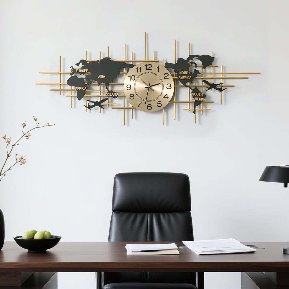 Reloj de Pared de Metal Grande de 116cm con Diseño de Mapa Decorativo Silencioso y Creativo para Sala de Estar Imagen de ventana