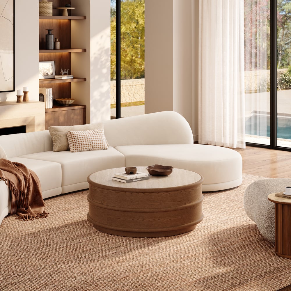 36" Ash Wood Round Coffee Table with Sintered Stone Top window image