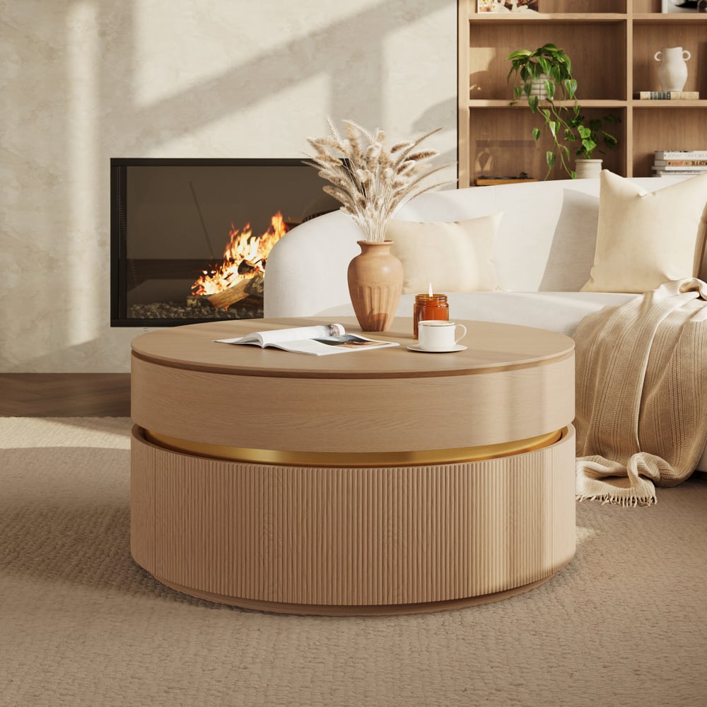 32" Fluted Lift-Top Round Coffee Table with 2 Drawers window image