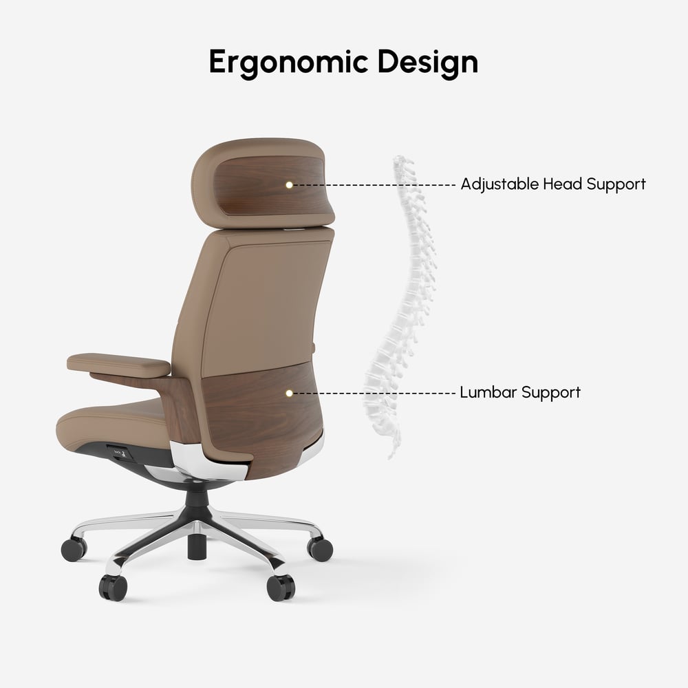 Khaki Genuine Leather Swivel Office Chair with Ergonomic Synchro-Tilt Recline System window image