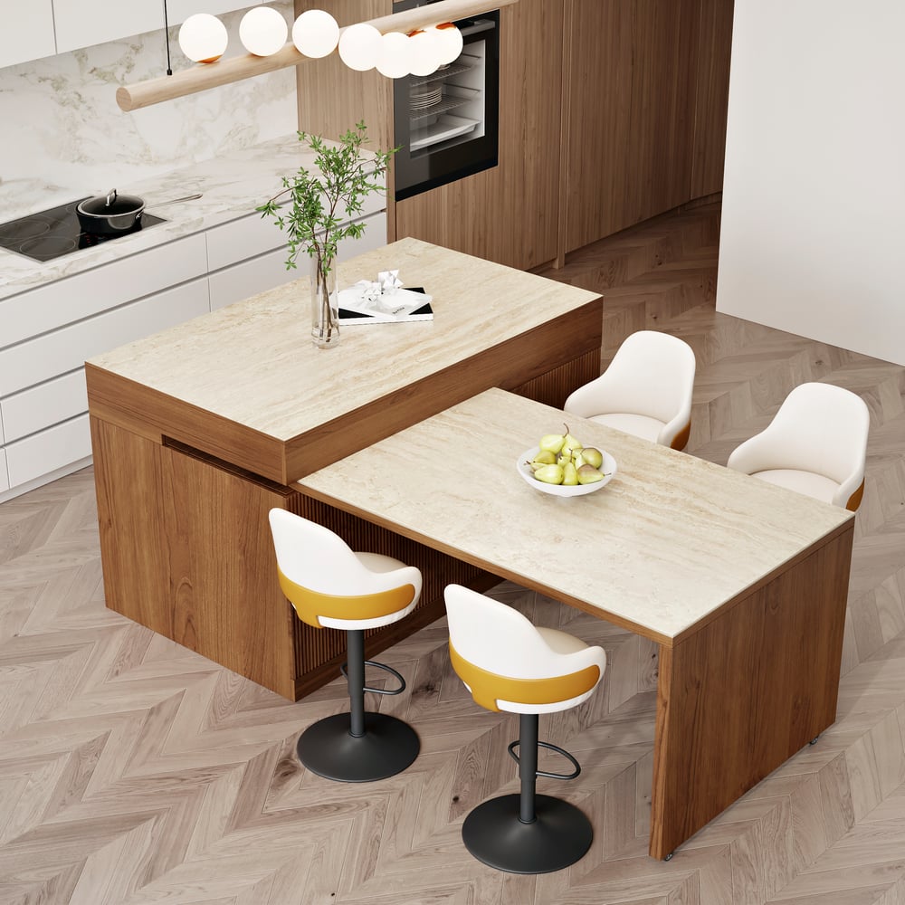 Îlot central de cuisine moderne extensible 205-284 cm avec plateau en pierre frittée mate finition noyer et rangement image de fenêtre