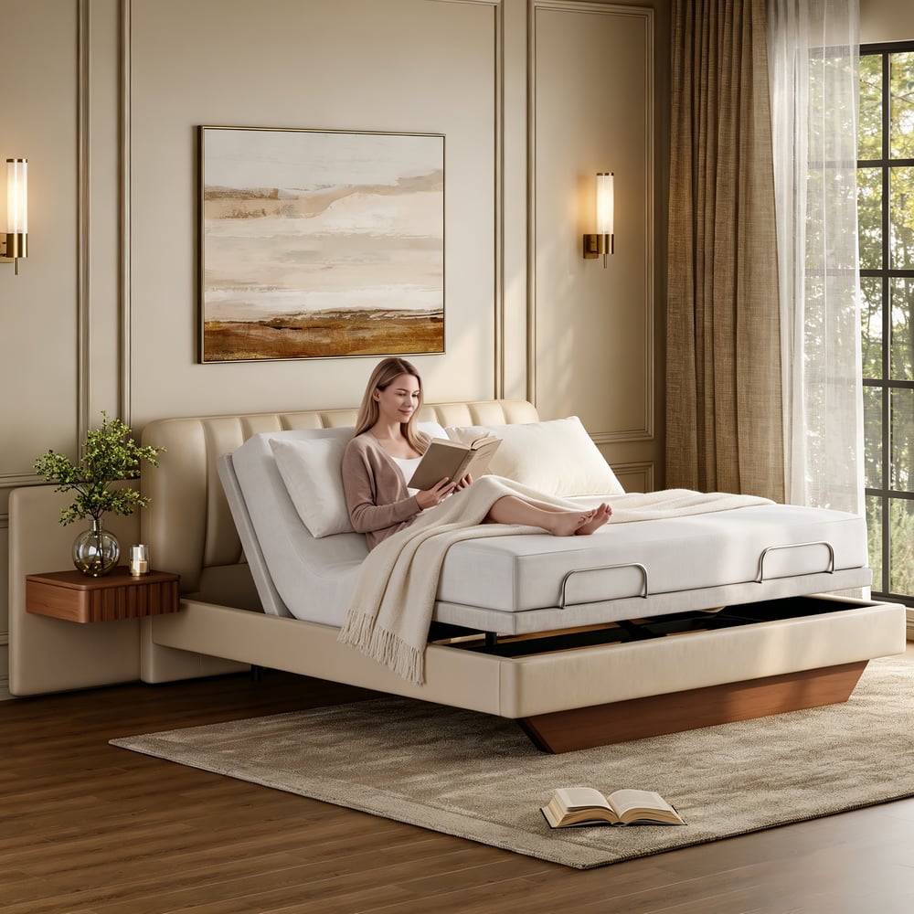 Genuine Leather Smart Bed Set With Adjustable Base And 2 Storage Nightstands window image