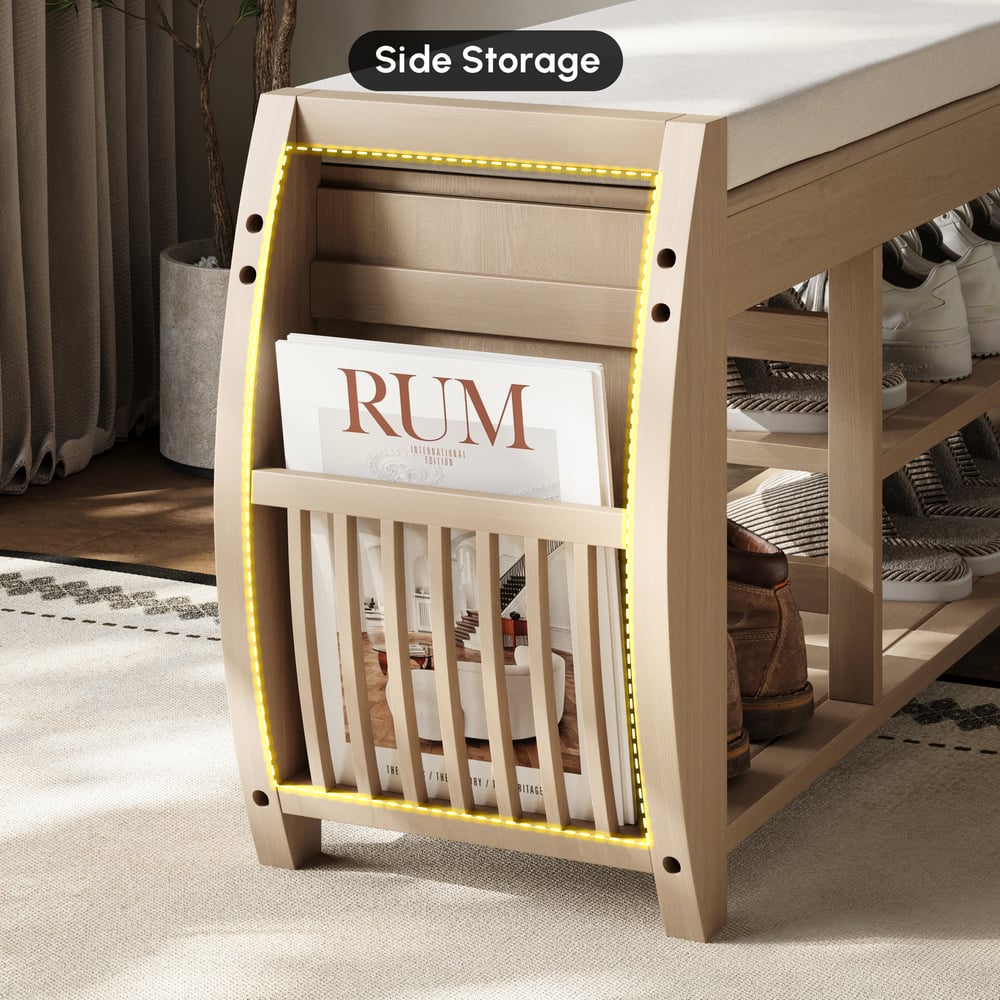 40'' Wood Veneer Whitewash Shoe Storage Entryway Bench with Shoe Rack window image