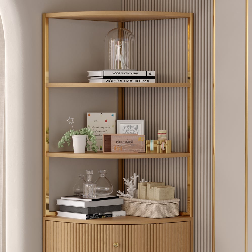 Modern 75" Natural Etagere Corner Bookshelf with Drawer and 2-Door Cabinet window image