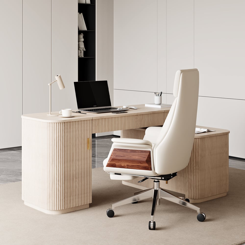 Velign 65" L-Shape Whitewash Executive Desk with Right-Side Cabinet window image