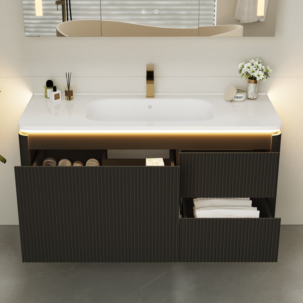 Mueble de baño flotante moderno de 120 cm con lavabo, LED suave, amplio almacenamiento Imagen de ventana