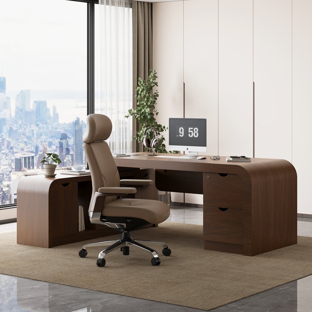 Khaki Genuine Leather Swivel Office Chair with Ergonomic Synchro-Tilt Recline System window image