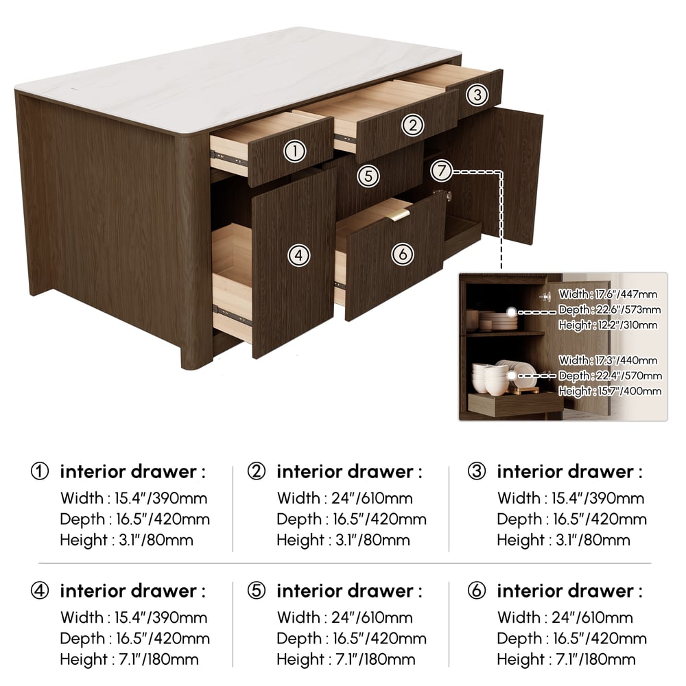 Mid-Century 72" Glossy Sintered Stone Kitchen Island with Storage, Smoky Brown weights dimensions image