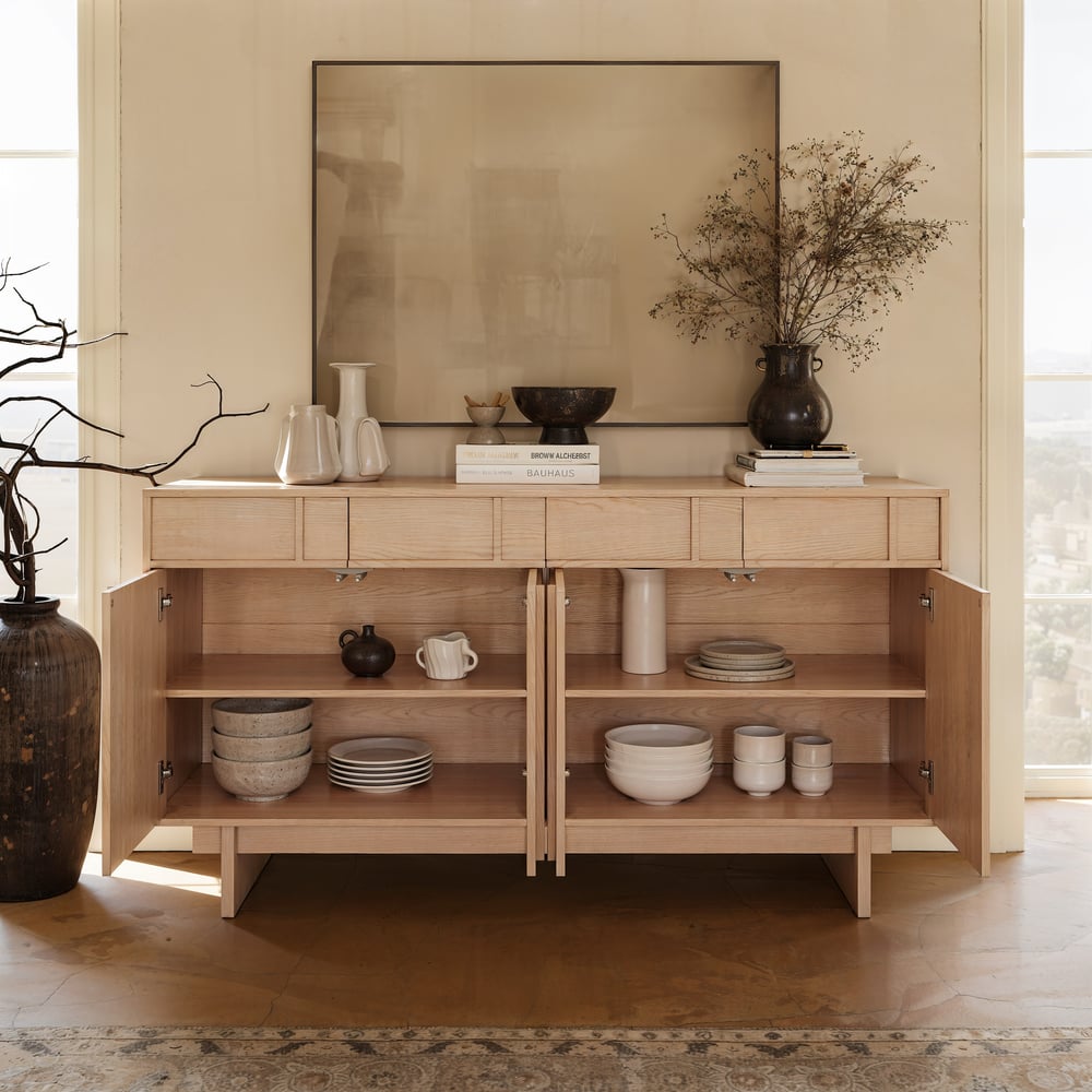 Mid Century Modern 60" Natural Wood Sideboard with Storage & Adjustable Shelves window image