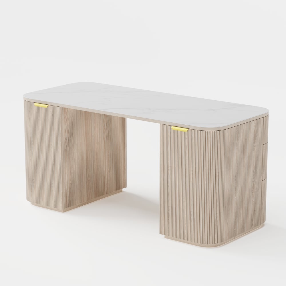 Modern Wash White Ash Wood & Sintered Stone Rectangle Desk with 6 Drawers (63.8") window image
