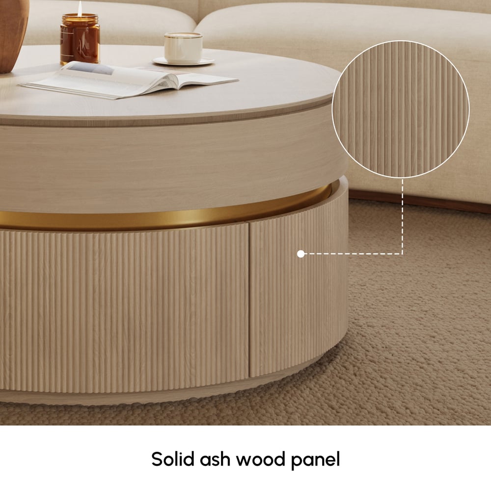 Table basse ronde à plateau relevable cannelé de 32 pouces avec 2 tiroirs image de fenêtre