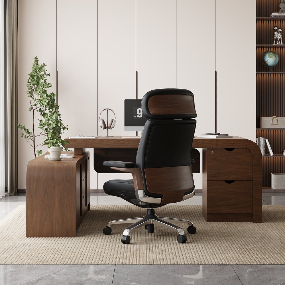 Black Genuine Leather Swivel Office Chair with Ergonomic Synchro-Tilt Recline System window image