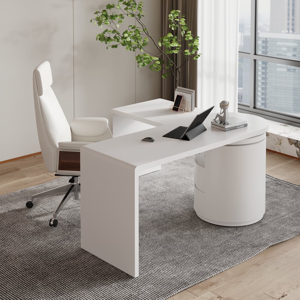 Modern 60" L-Shaped Matte Warm White Executive Desk with Drawers, Rotating Design window image