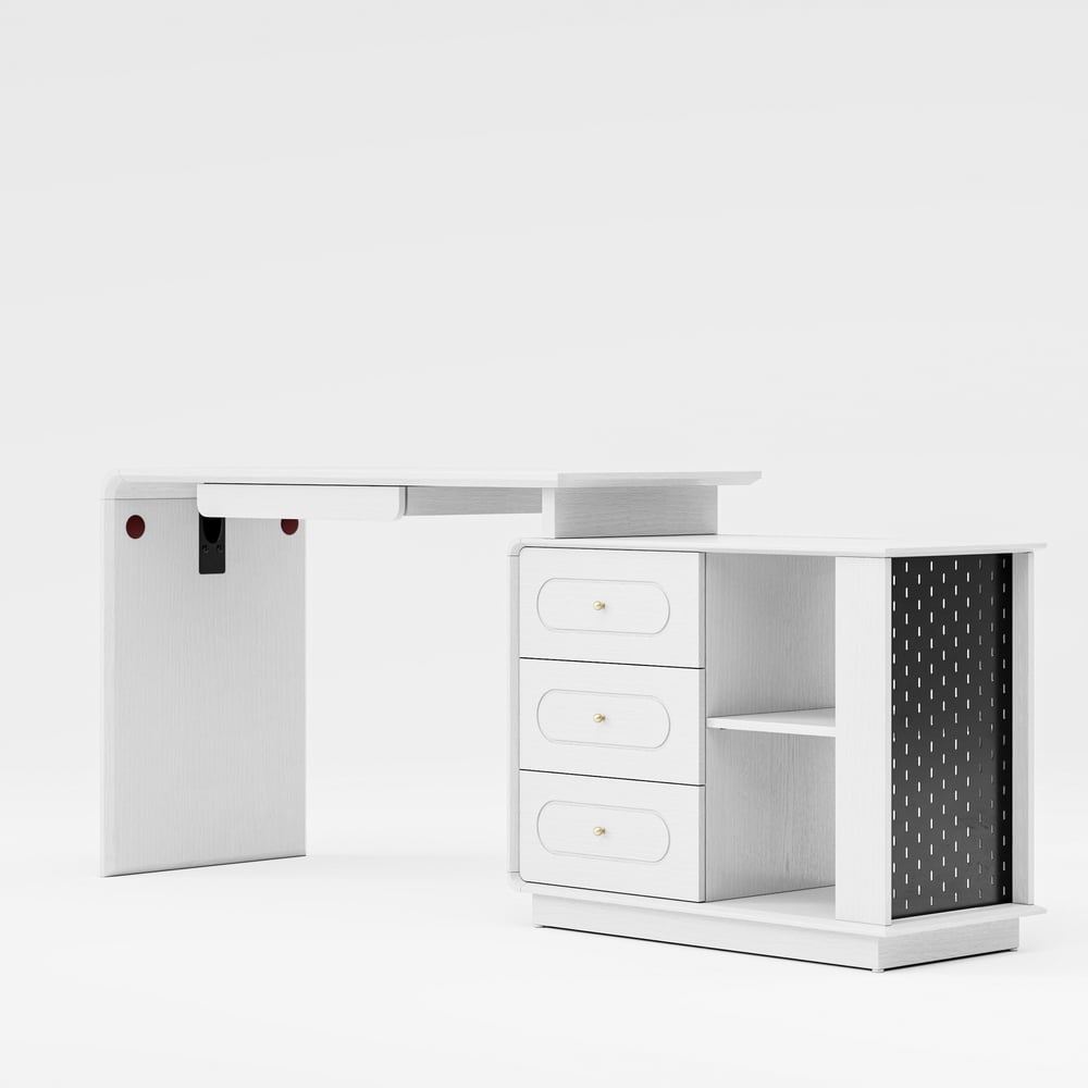 Modern 73" L-Shaped White Rotating Desk with Keyboard Tray & Storage window image