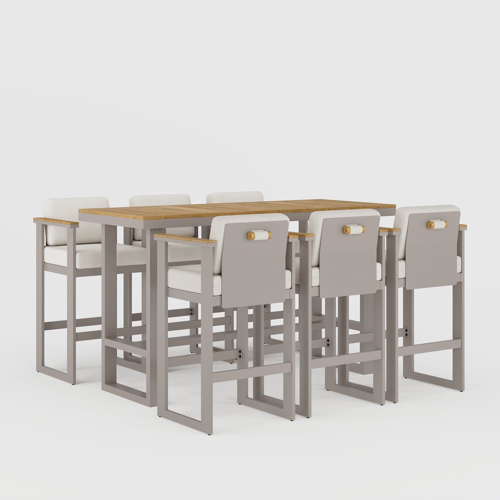 Tevara Teak Wood Modern Outdoor Bar Set Sand Frame & Warm White Cushion window image