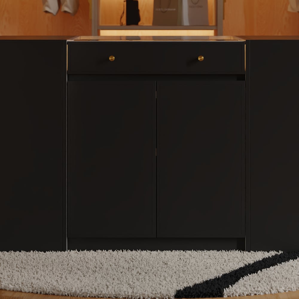 Selvo Saddle Leather Black Closet Island with Storage, Light and Jewelry Display window image