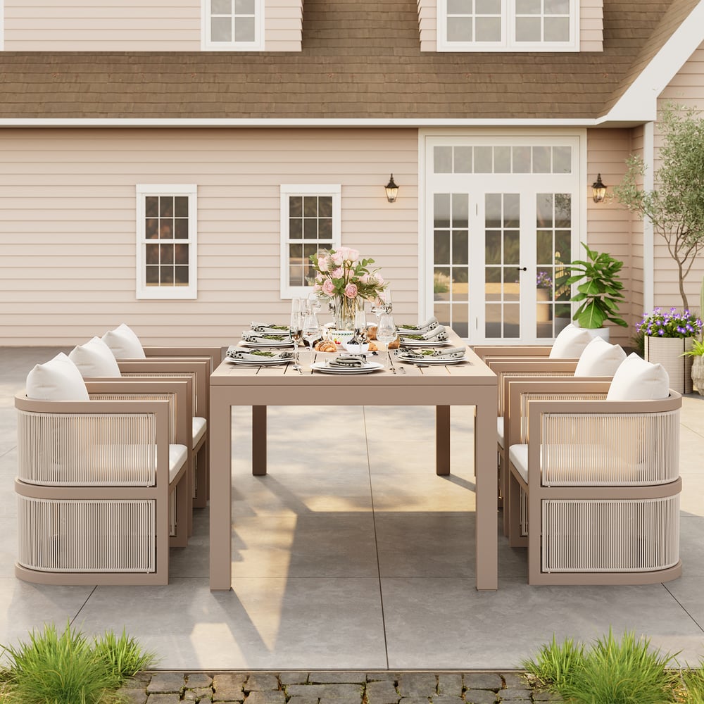 Wevara 9-Piece Outdoor Rope Weave Dining Set with 8 Chairs in Sand window image