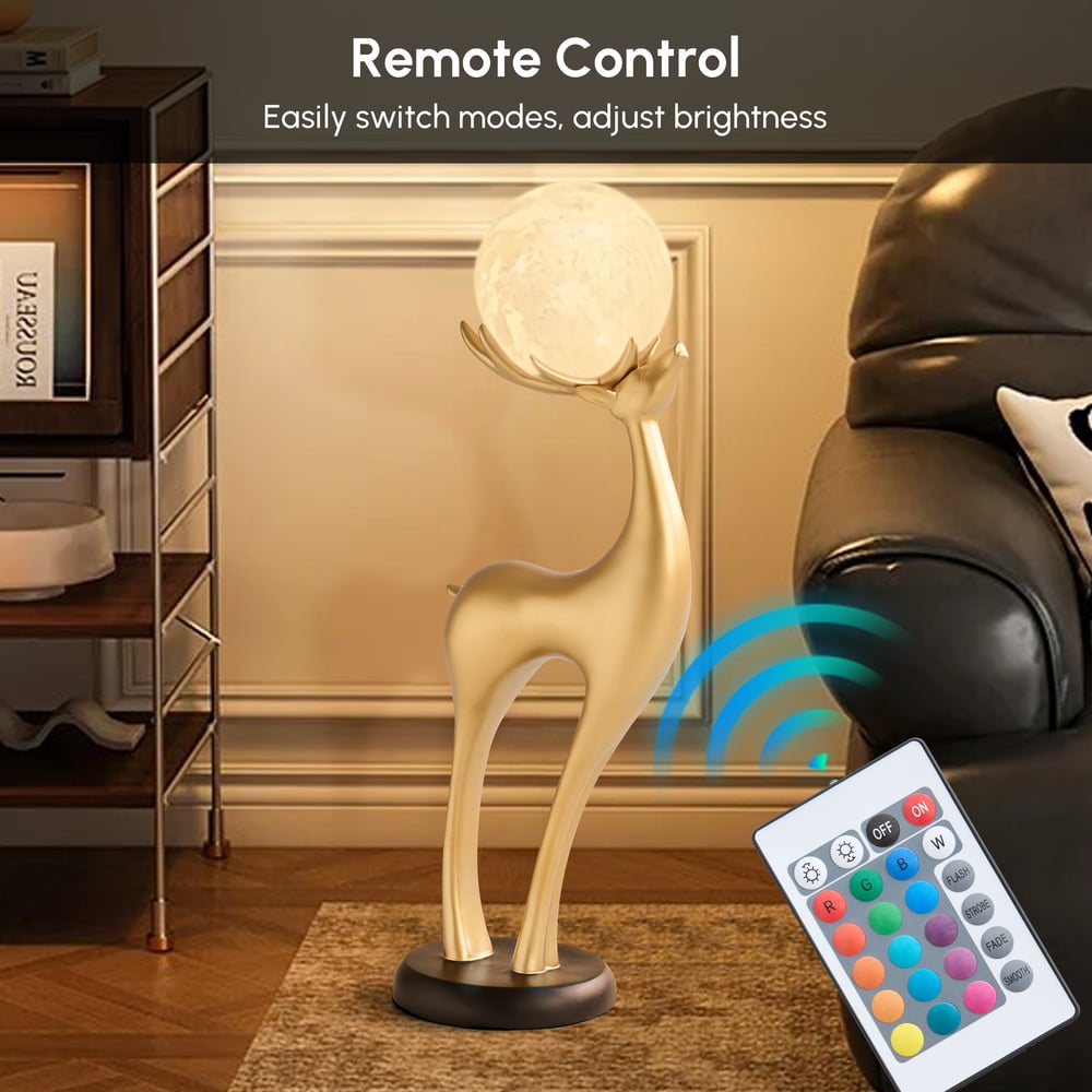Lampadaire moderne en résine en forme de cerf avec télécommande – 76 cm de hauteur avec boule lumineuse image de fenêtre