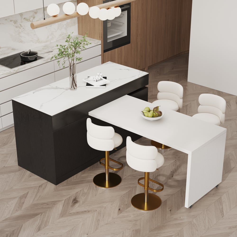 Îlot de cuisine extensible en pierre frittée de 205 à 270 cm avec portes et tiroirs, noir et blanc image de fenêtre