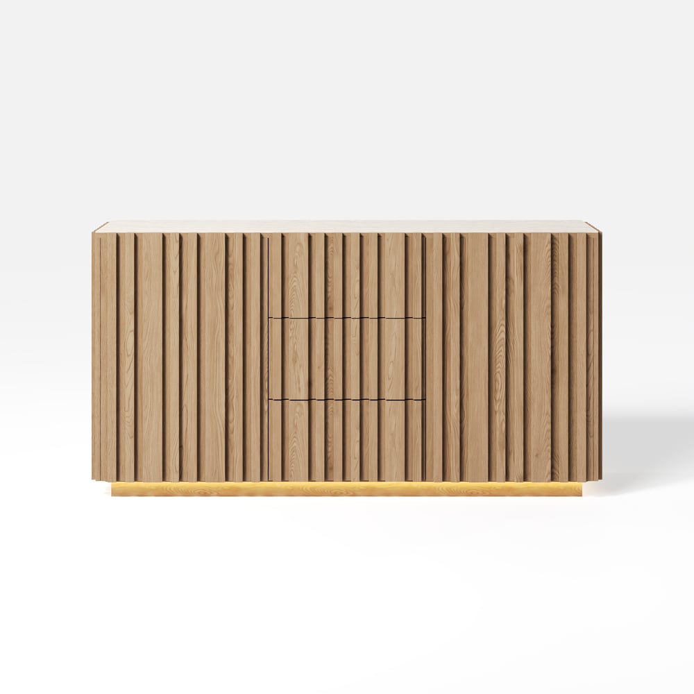 Buffet Aura 60" en Faux Travertin Naturel avec Portes à Lattes en Bois de Frêne et Lumière LED image de fenêtre