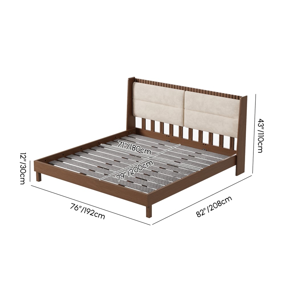 Modern notenhouten queensize massief houten bed met bouclé-hoofdbordkussens Afbeelding met gewichten en afmetingen