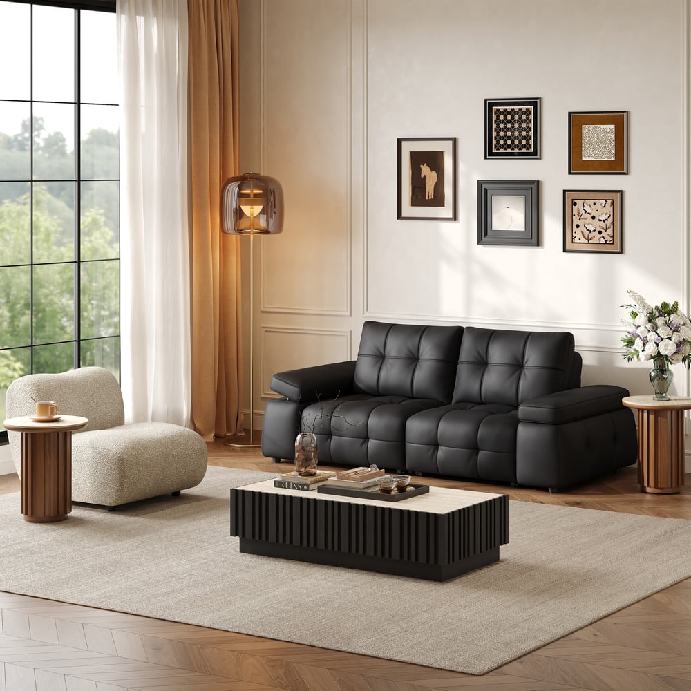 96" 2-Seater Genuine Leather Power Convertible Sleeper Sofa with adjustable armrests window image