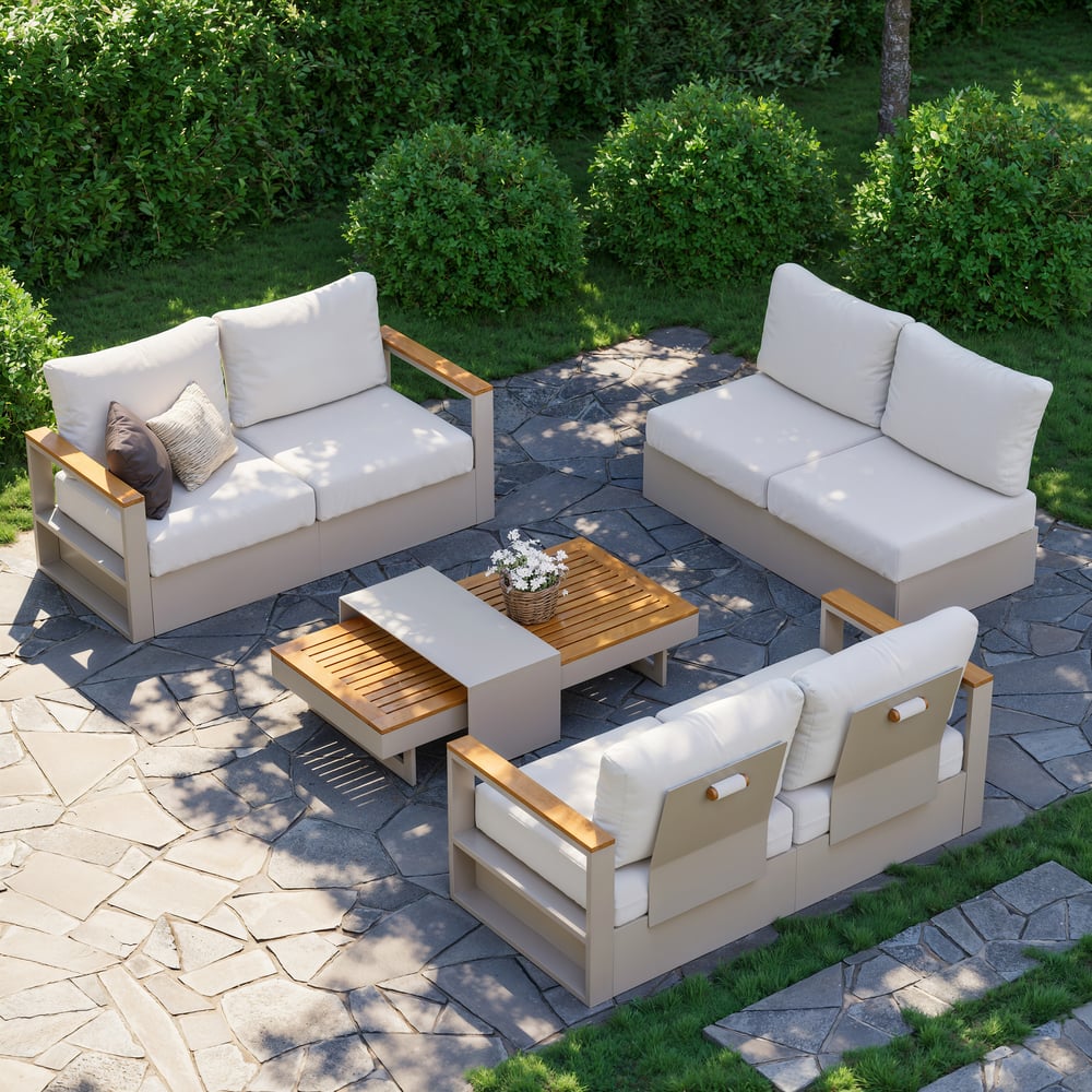 Tevara 6-Person Outdoor Sofa Set with Wood & Aluminium Frame, Sand & Warm White (4-Piece) window image