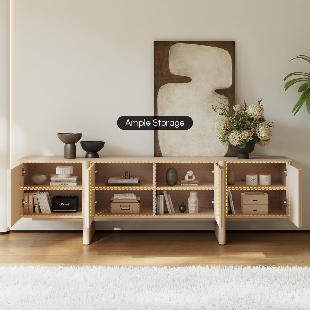 80" Solid Wood Fluted Whitewash TV Stand with Cabinets window image