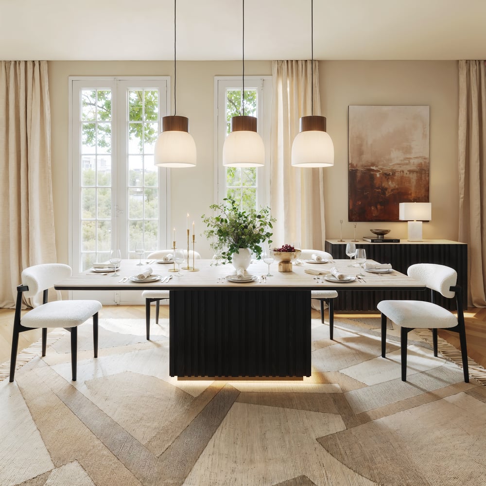 Aura 84" Rectangular Black Faux Travertine Sintered Stone Dining Table, Fluted Base, Seats 8 window image