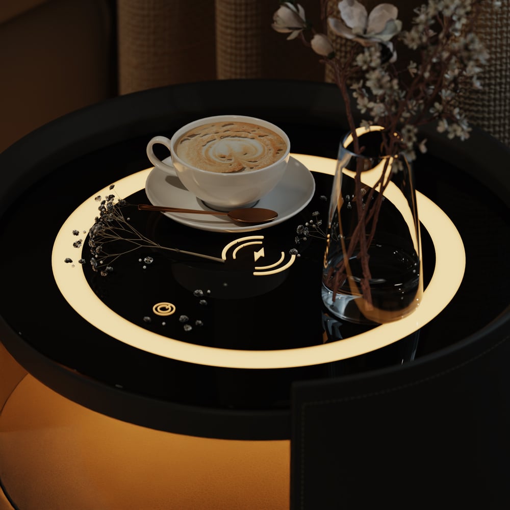 Modern Black Saddle Leather LED Nightstand with Wireless Charging, Set of 2 window image