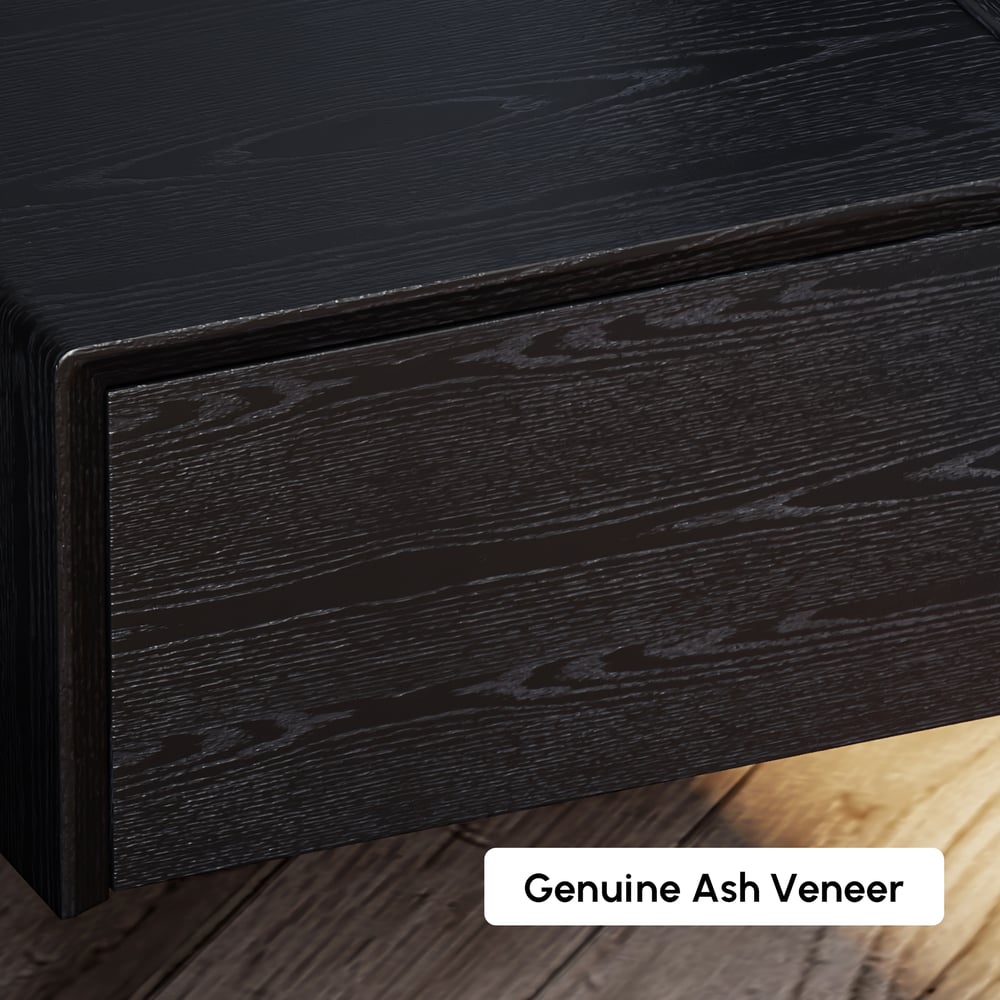 King Solid Wood Bed with Leather Extended Headboard & Floating Smart Nightstand Set window image