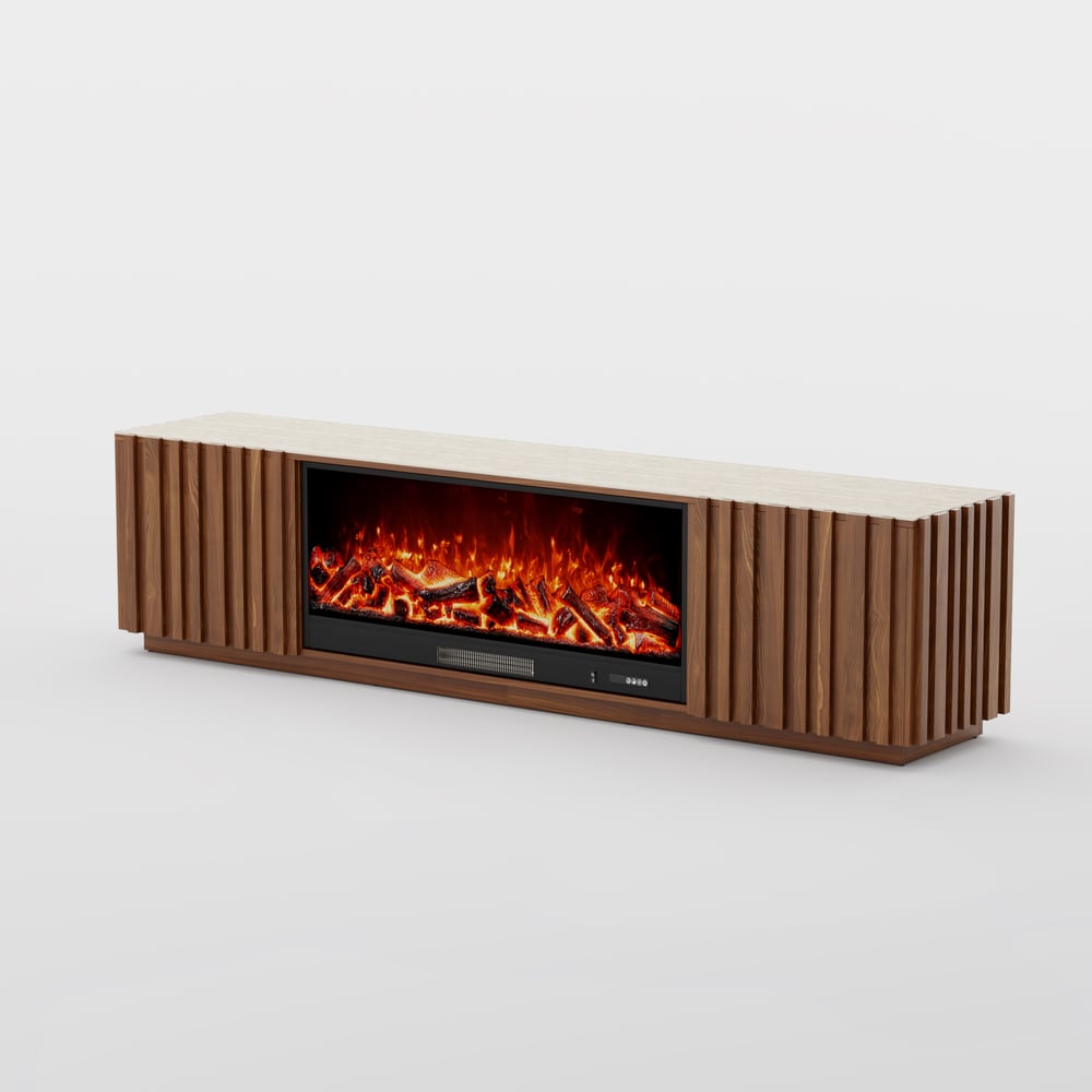 Aura 84" Sintered Stone Top Electric Fireplace TV Stand window image