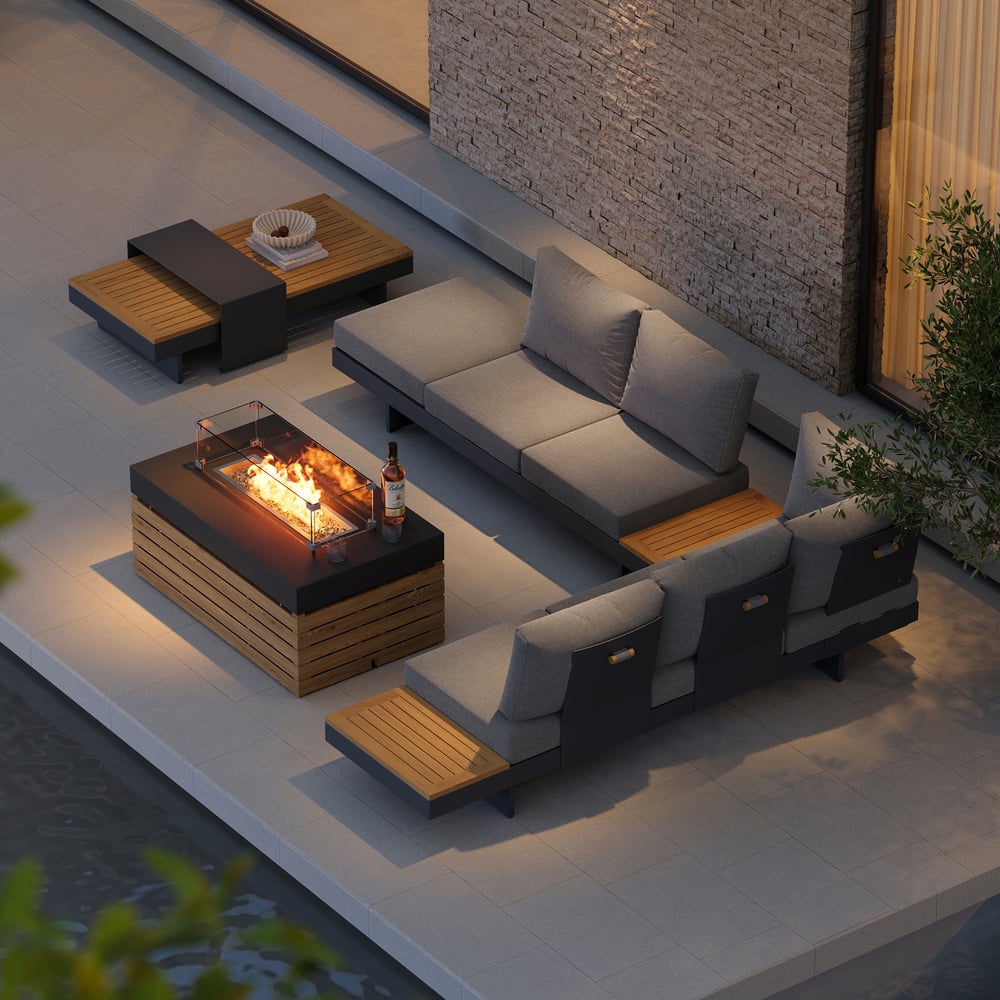 Tevara 5-Piece Modular Teak Outdoor Sofa Set with Smokeless Fire Pit for 6 in Dark Grey window image