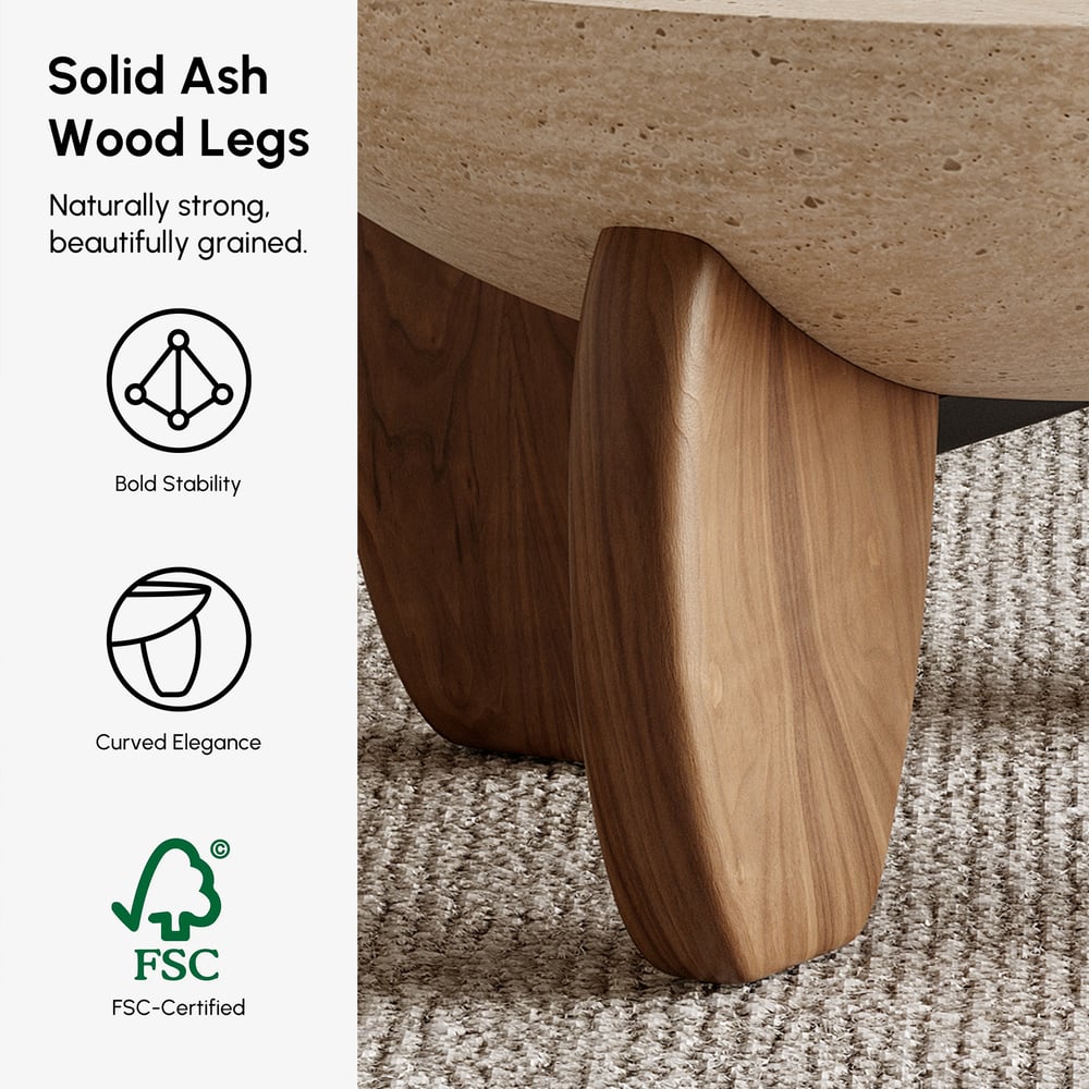Table Basse Curva 76 cm Ronde en Béton Noyer avec Pieds en Bois image de fenêtre