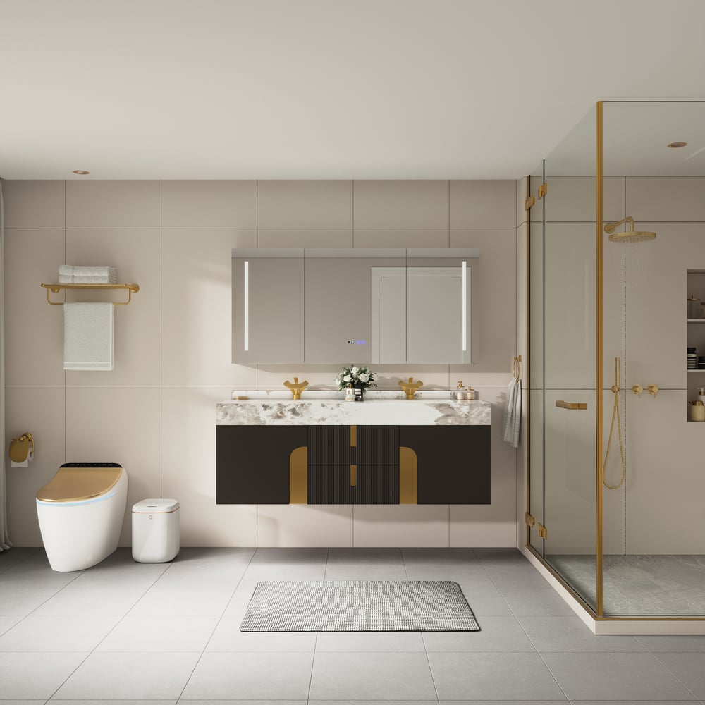 Mueble de baño Artis de 152cm de doble lavabo flotante con encimera de piedra sinterizada Imagen de ventana