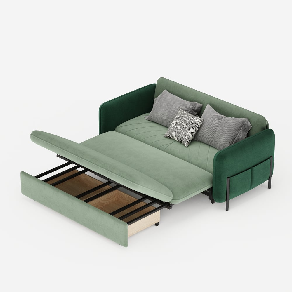 170 cm 2-Seater Green Velvet Convertible Sleeper Sofa with Storage & Pillows window image