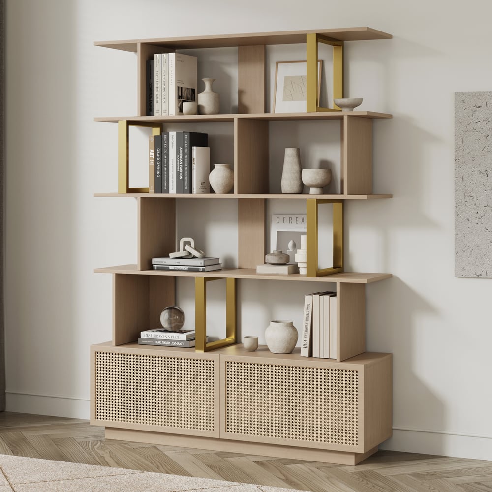 5-Tier Whitewash Bookshelf with 2 Drawers Wooden Bookcase in Gold (64.8" High) window image