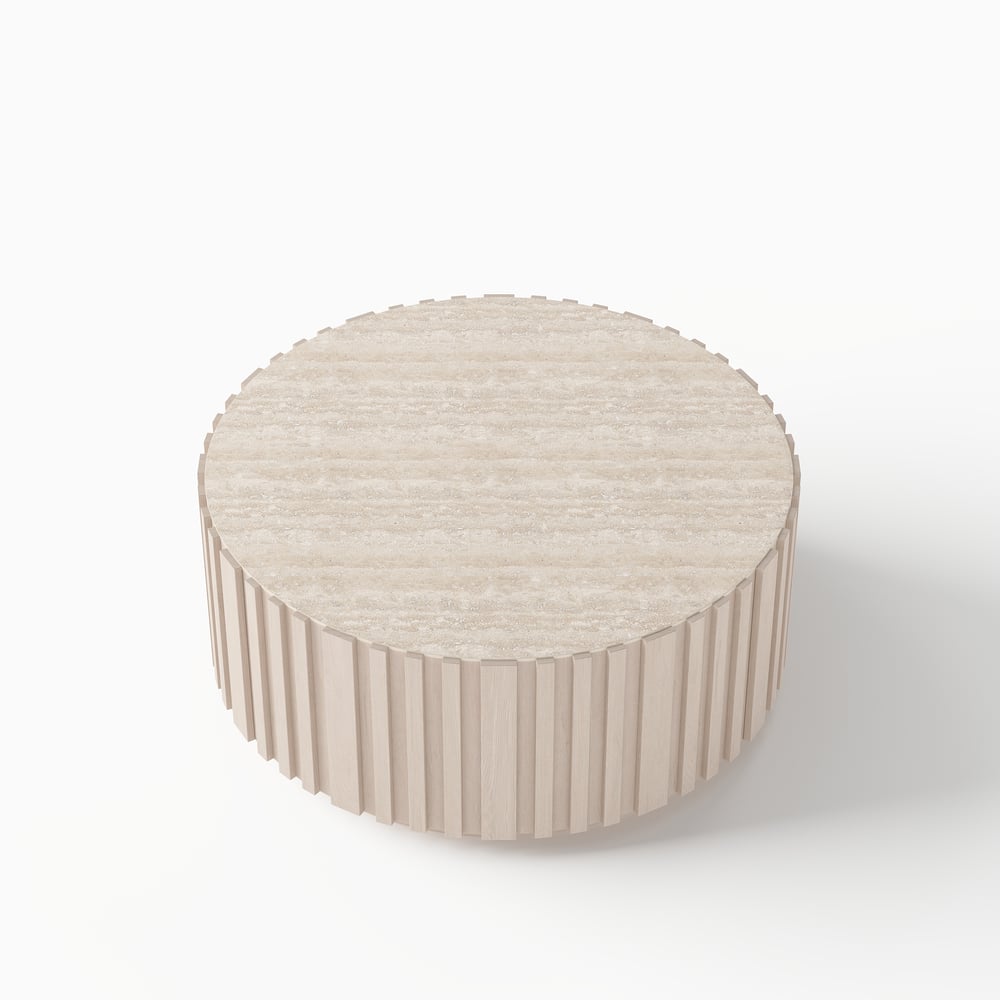 Aura 35" Round Washed White Slatted Sintered Stone Coffee Table with 2 Drawers window image