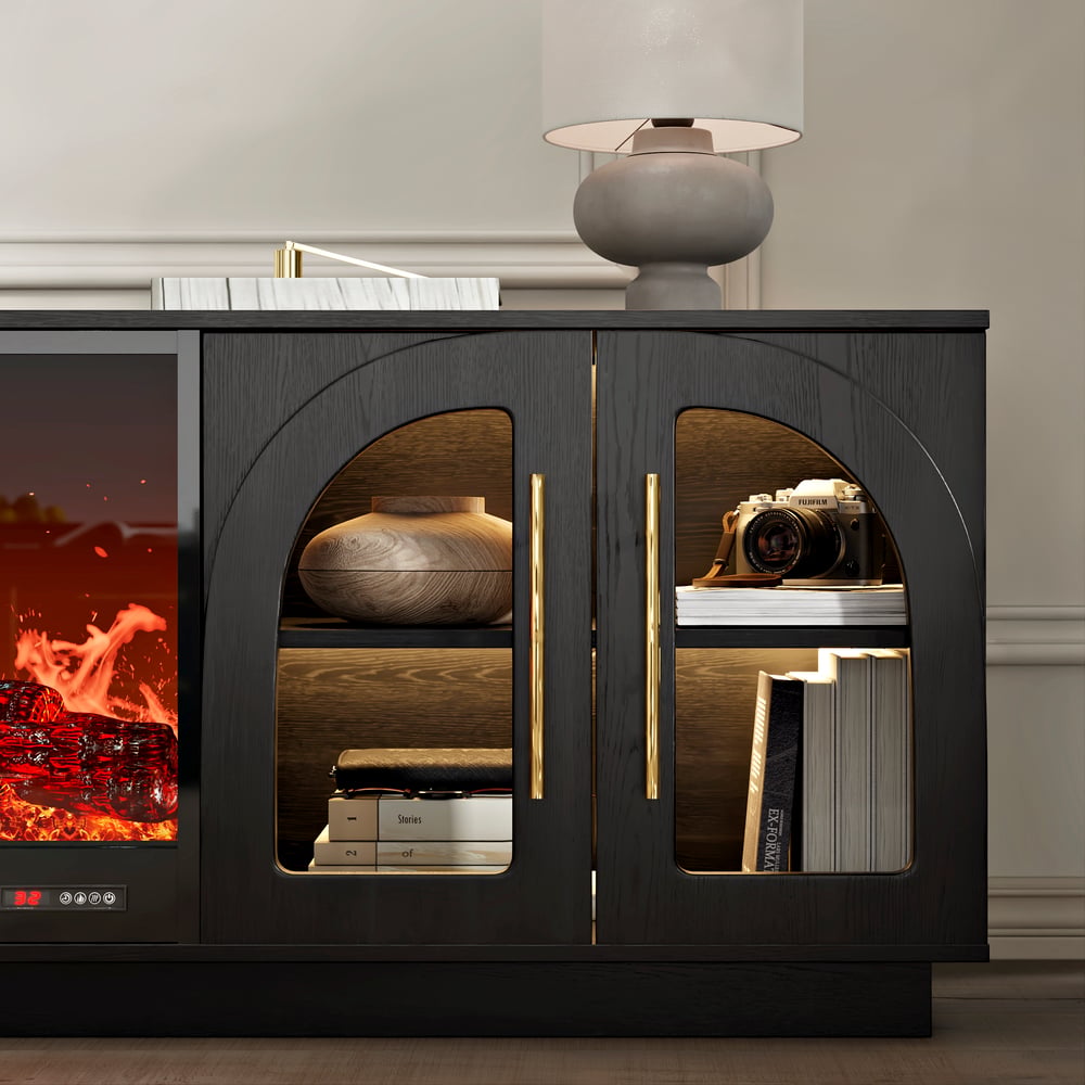 Arune 203 cm Arched Glass Doors TV Stand with Electric Fireplace & Remote Control window image