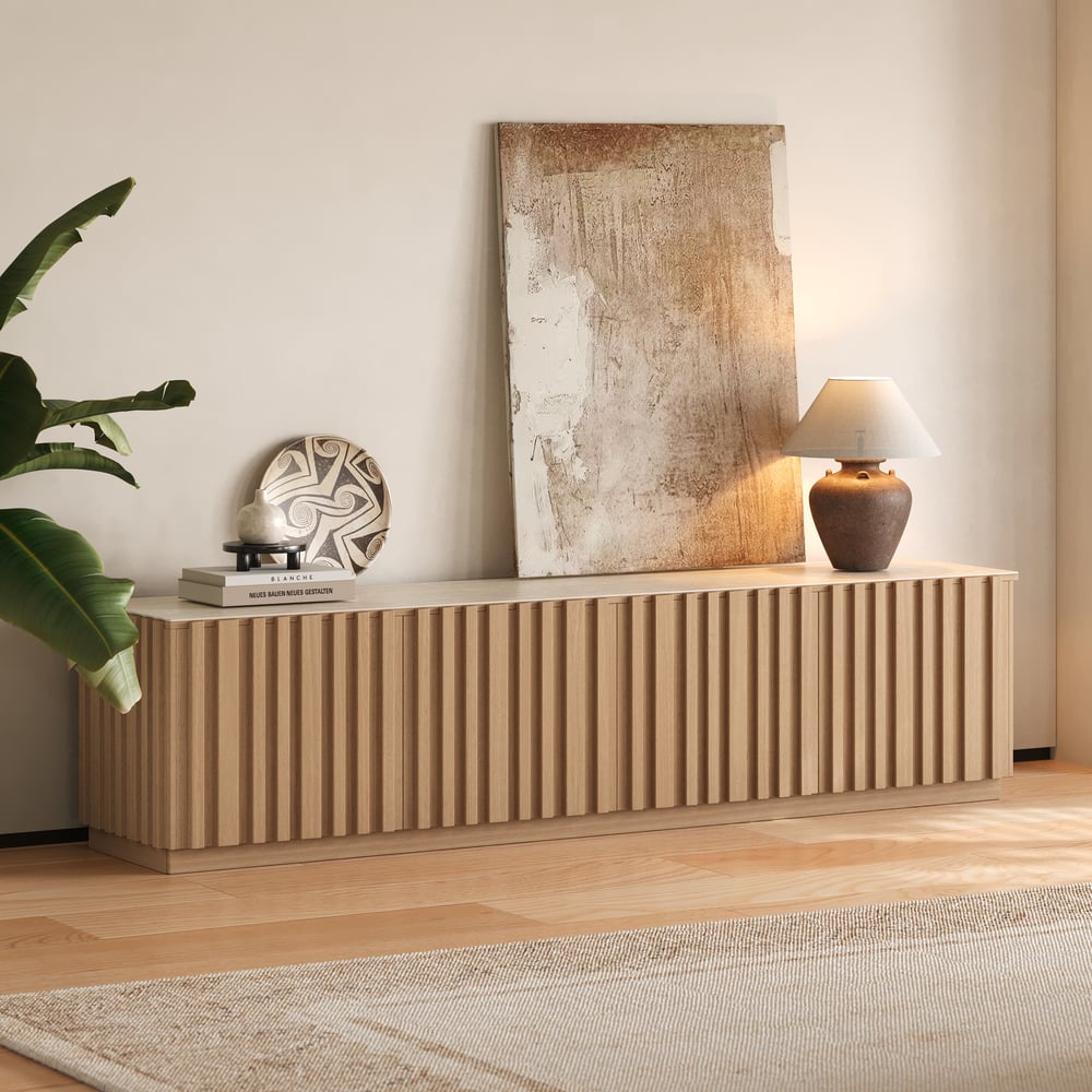 TV Lowboard Aura 213 cm in Grooved Ash in Natural with Sintered Stone Top window image