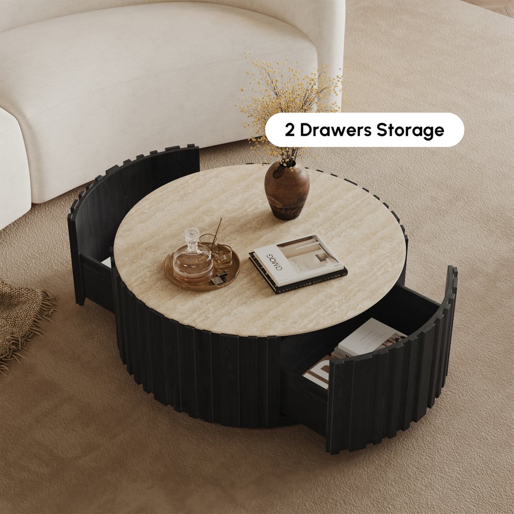 Aura 35" Round Black Slatted Sintered Stone Coffee Table with 2 Drawers window image