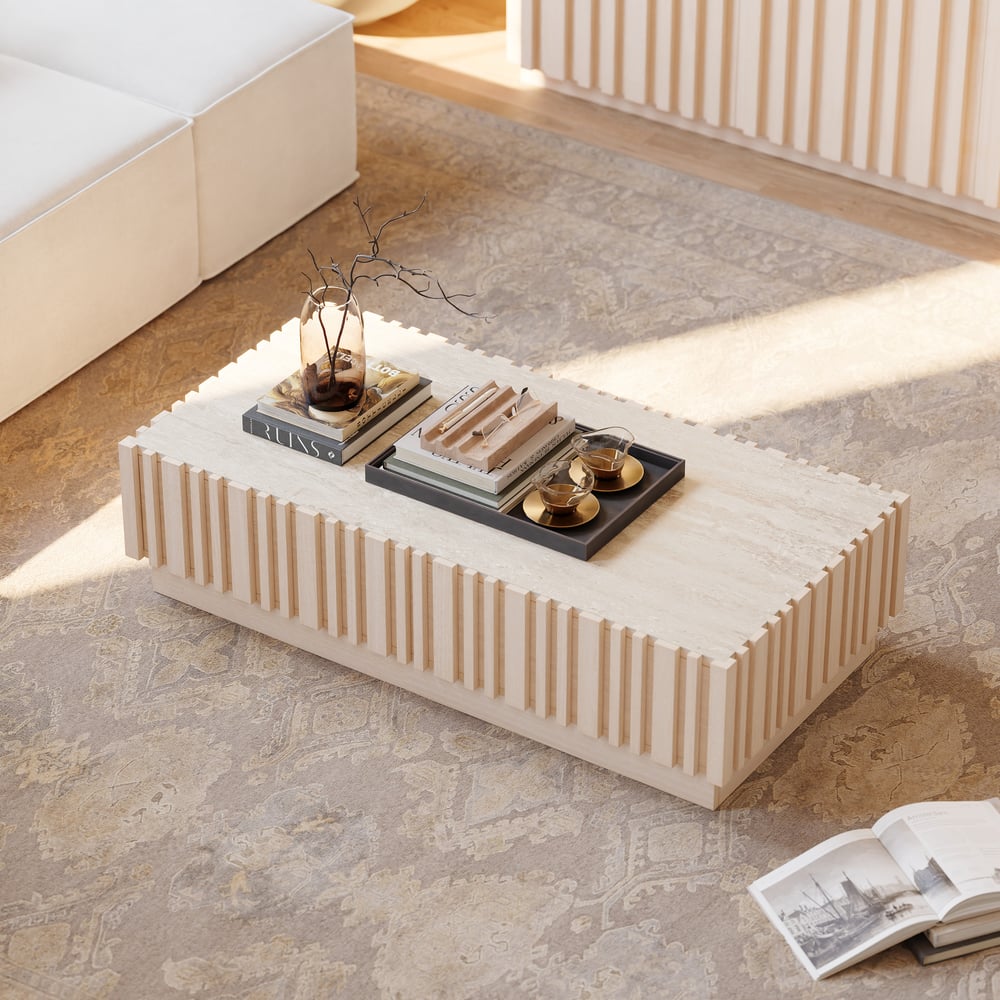 Aura 47" Ash Wood Slatted Coffee Table with Sintered Stone Top window image