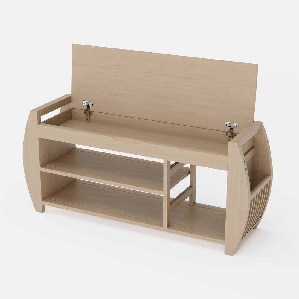 40'' Wood Veneer Whitewash Shoe Storage Entryway Bench with Shoe Rack window image