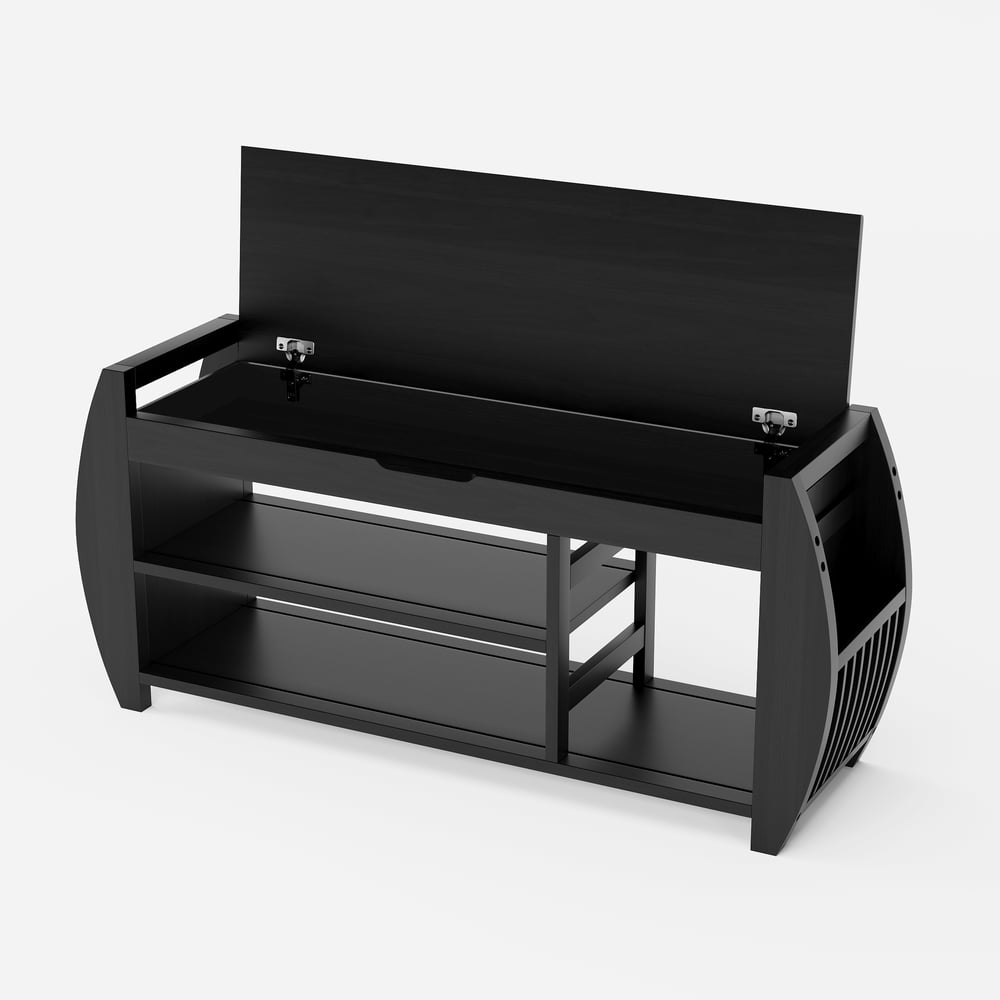 Banco zapatero de entrada de madera maciza negra de 40 pulgadas con estante para zapatos Imagen de ventana